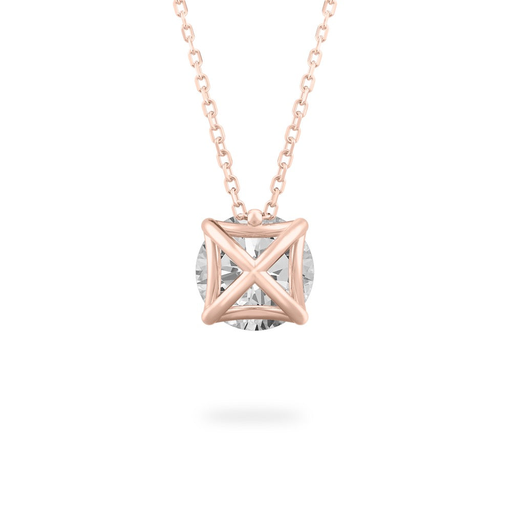 Rose gold necklace with a diamond pendant on a white background